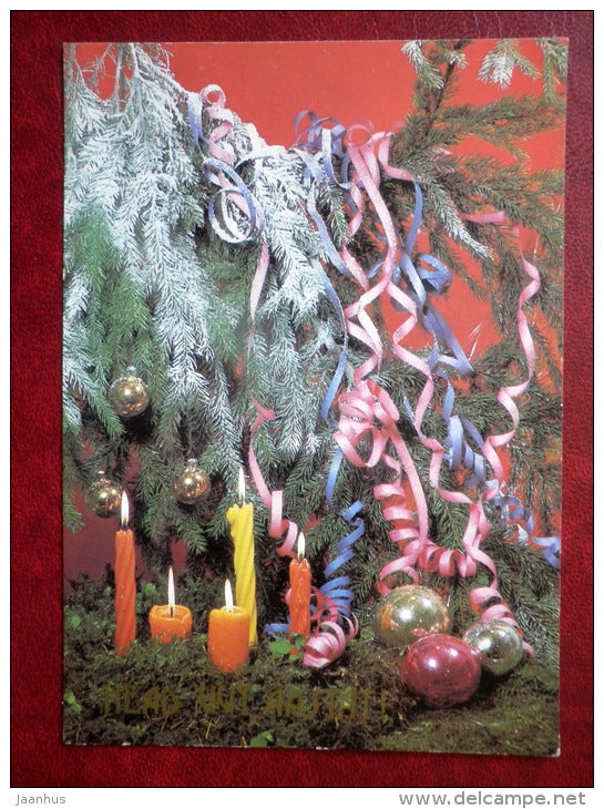 New Year Greeting card - decorations - candles - 1986 - Estonia USSR - used - JH Postcards