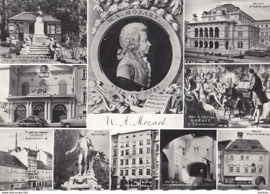 W A Mozart - Salzburg - Wien Papageno Tor - Figaro Haus - Denkmal - composer - multiview - 46138 - Austria - unused - JH Postcards