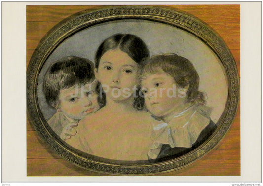 painting by P. Sokolov - Three Children , 1820s - Russian art - 1984 - Russia USSR - unused - JH Postcards
