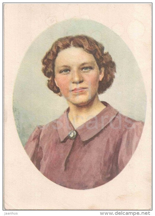 painting by S. Bondar - Portrait of Marite Melnikaite - Heroe of the Soviet Union - russian art  - unused - JH Postcards