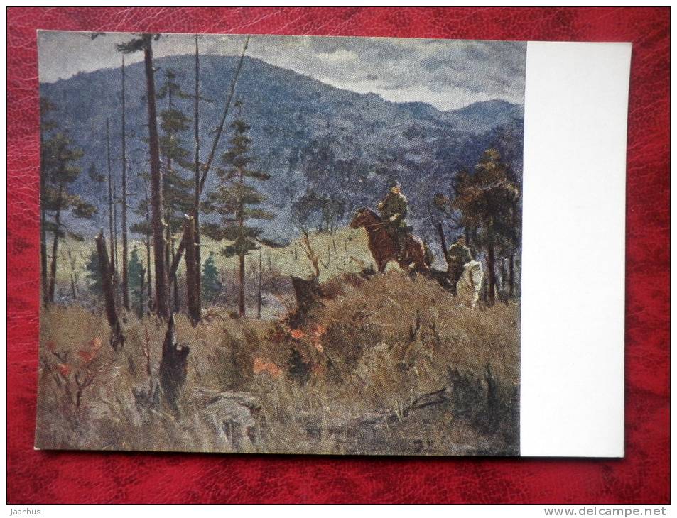Painting by A. P. Bubnov - Border Patrol, the Far Eastern border - horses - russian art - unused - JH Postcards