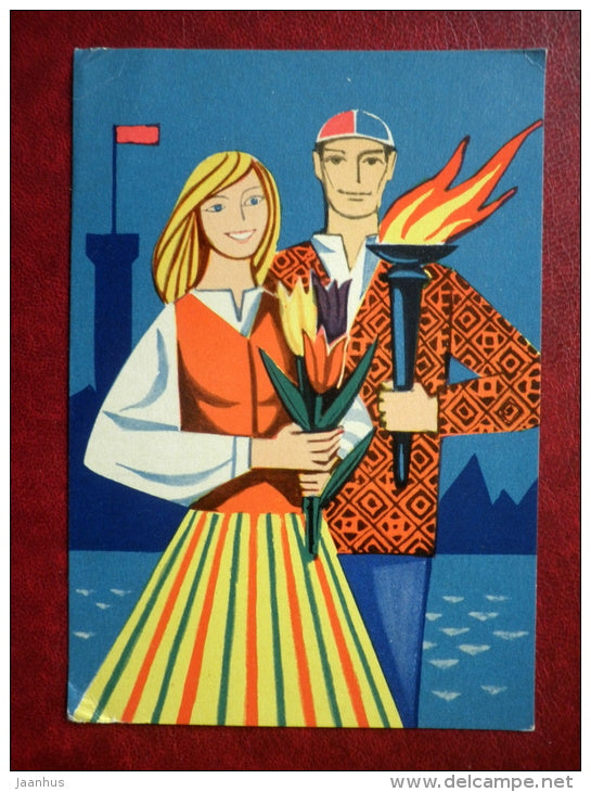 8 March Greeting Card - by V. Pirk - young man and woman in Estonian folk costumes - torch - 1966 - Estonia USSR - used - JH Postcards