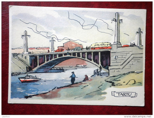 Bridge over Emajõgi river - Tartu - illustration by A. Kütt - bus - boat - fishing - 1960 - Estonia USSR - unused - JH Postcards