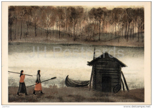 illustration by K. Sokolov - lake - In the Land of Unfrightened Birds by M. Prishvin - 1979 - Russia USSR - unused - JH Postcards