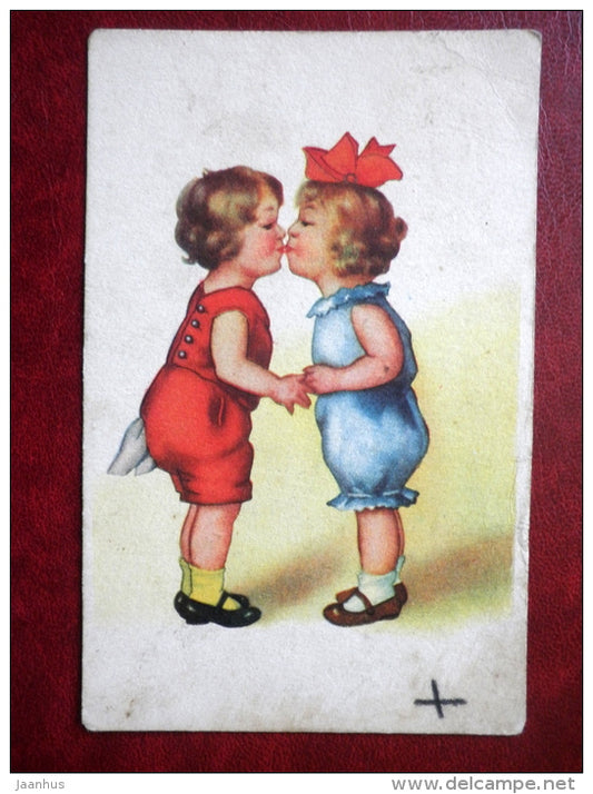 Greeting Card - children kissing - WO 1438 - circulated in 1942 - Estonia - used - JH Postcards