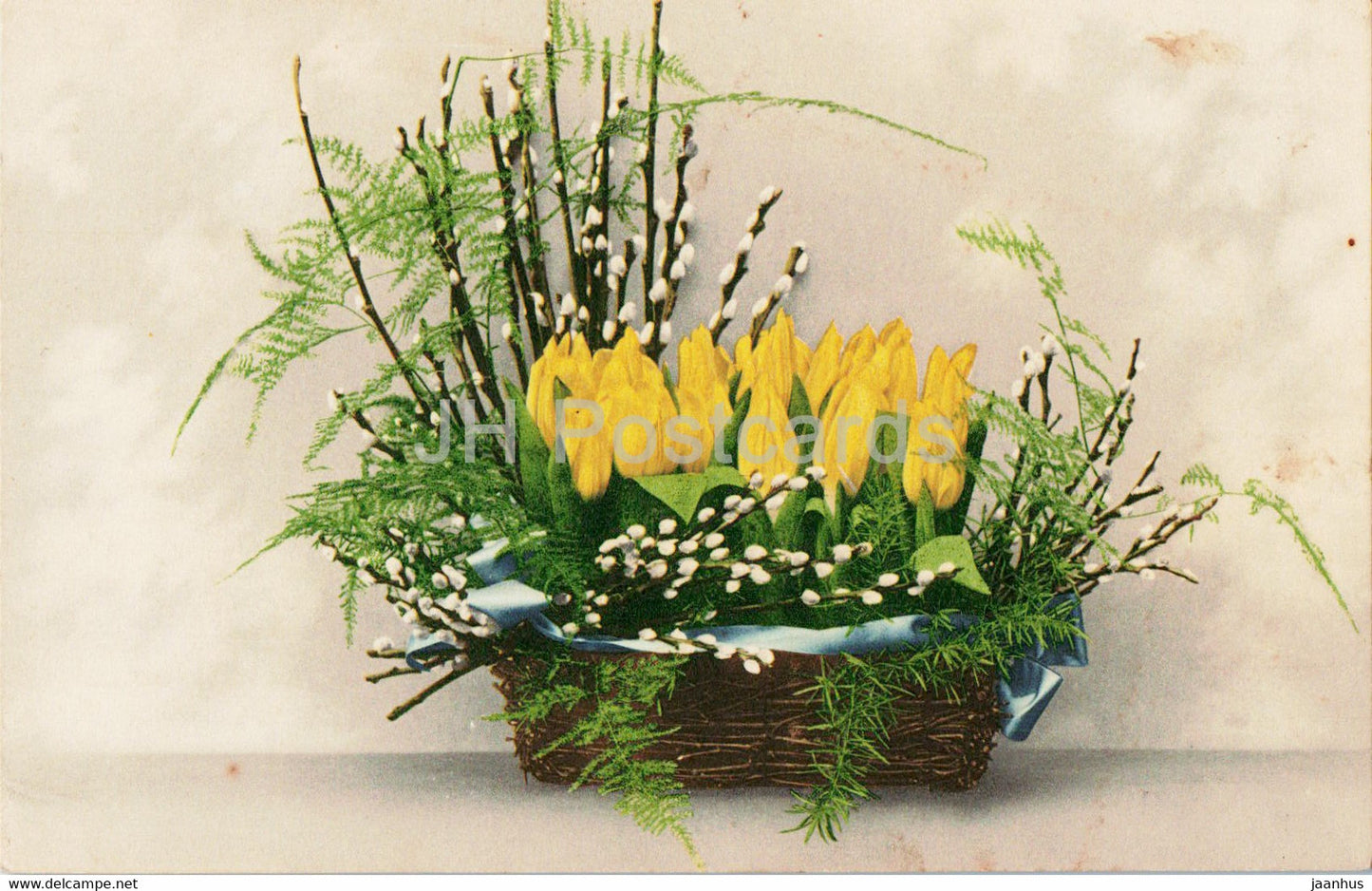 flowers - tulips in the basket - Farbrenlichtdruck Martin Rommel - old postcard - 1911 - Germany - used - JH Postcards