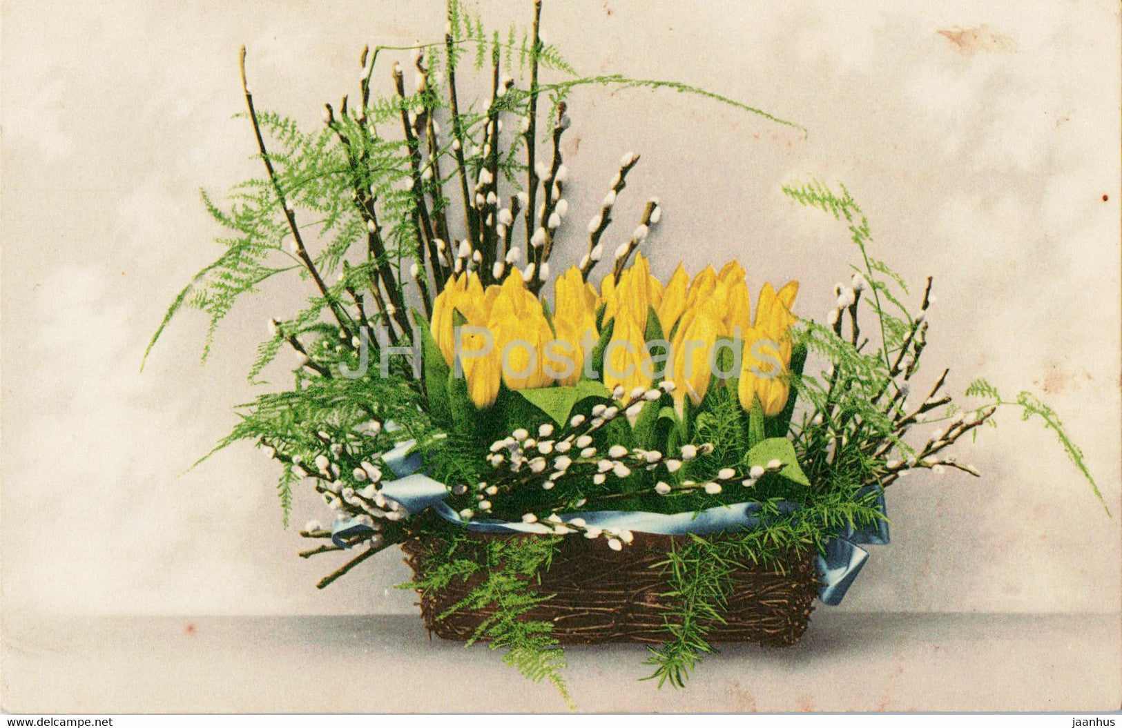 flowers - tulips in the basket - Farbrenlichtdruck Martin Rommel - old postcard - 1911 - Germany - used - JH Postcards