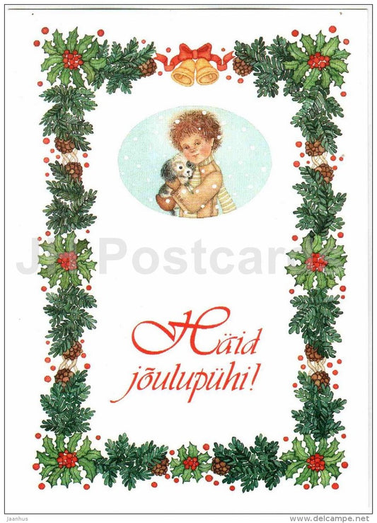 Christmas Greeting Card by Viive Noor - boy and dog - illustration - 1993 - Estonia - used - JH Postcards