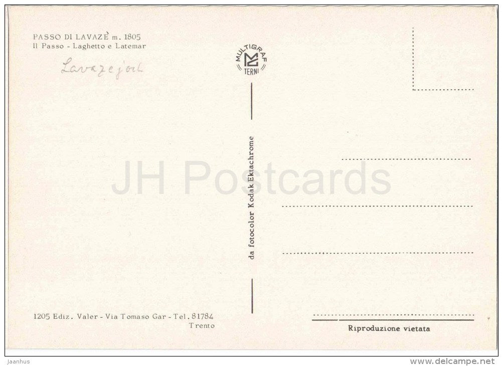 Passo di Lavaze , Laghetto e Latemar - Trento - 1205 - Italia - Italy - unused - JH Postcards
