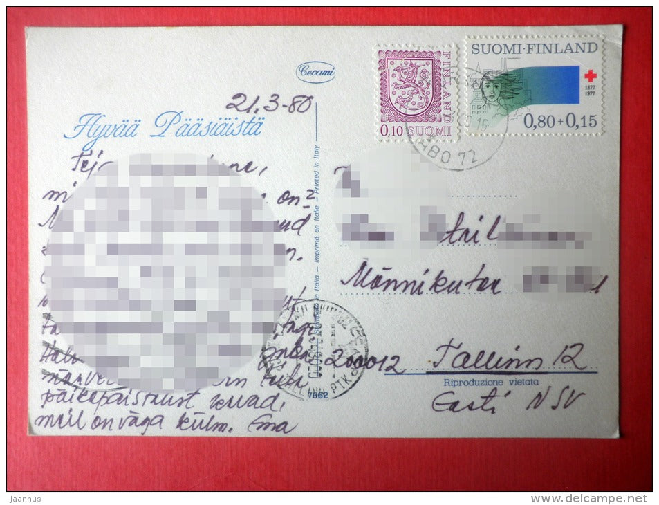 Easter Greeting Card - girl - hare - chick - Red Cross - 7663 - Italy - sent from Finland to Estonia USSR 1980 - JH Postcards
