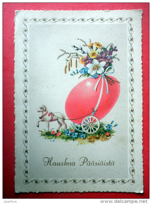 Easter Greeting Card - lamb - egg - flowers - 2072/6 - Finland - circulated in Finland - JH Postcards