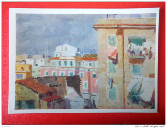 painting by Y. Podliaskiy . Rome . On the Outskirts , 1963 - houses - Italy - russian art - unused - JH Postcards