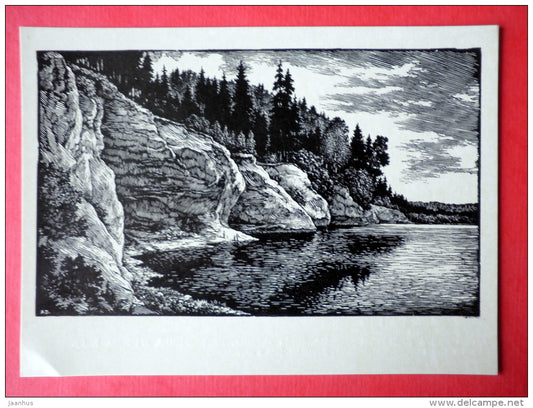 engraving by Arturs Duburs - The Erglu Rocks . The Gauja - latvian art - unused - JH Postcards