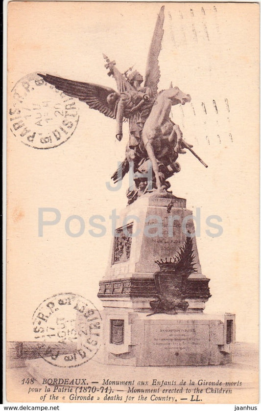 Bordeaux - Monument aux Enfants de la Gironde morts pour la Patrie 1870-71 - 1920 - old postcard - France - used - JH Postcards