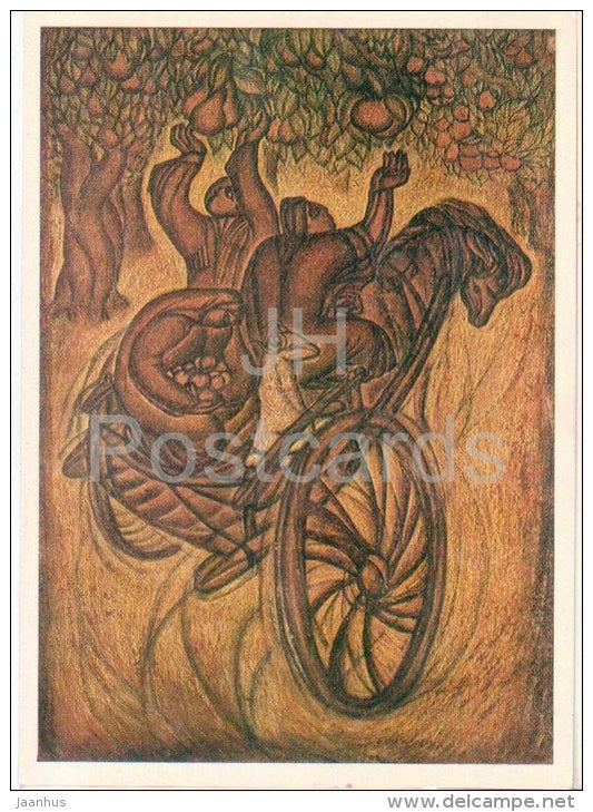 painting by B. Dziov - Idyll , 1967 - picking pears - art - unused - JH Postcards