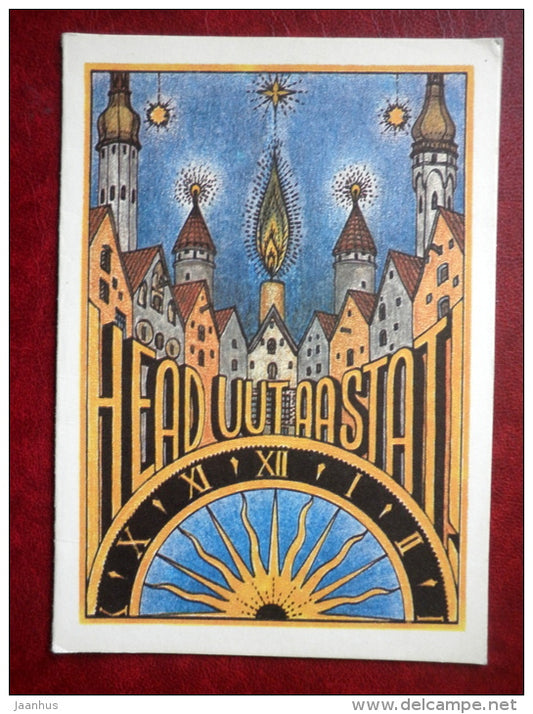 New Year Greeting card - by V. Vinn - Tallinn Old Town - clock - 1986 - Estonia USSR - used - JH Postcards