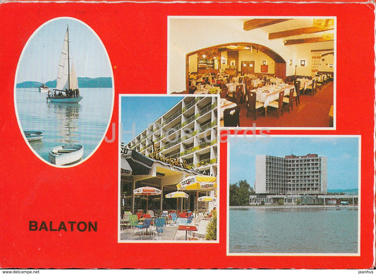 Greetings from lake Balaton - hotel - sailing boat - multiview - 1985 - Hungary - used - JH Postcards