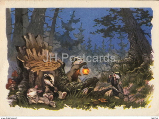 illustration by I. Znamensky - Soviet Cartoon - In the Forest - hare - badger - 1962 - Russia USSR - used - JH Postcards