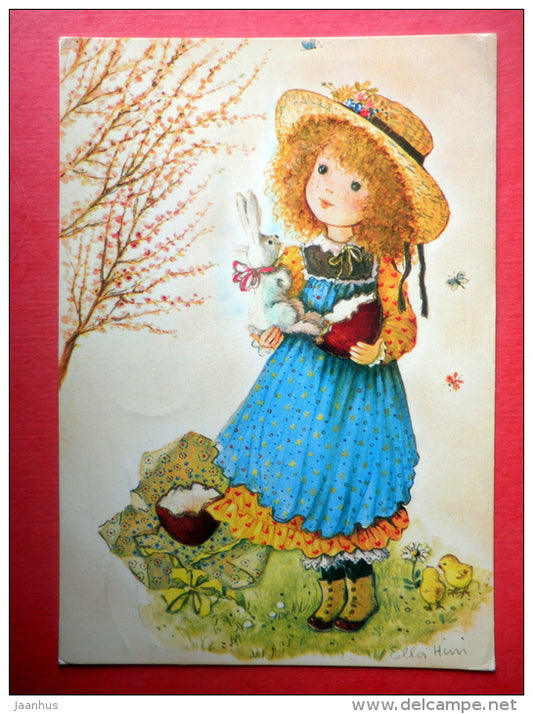 Easter Greeting Card - girl - hare - chick - Red Cross - 7663 - Italy - sent from Finland to Estonia USSR 1980 - JH Postcards