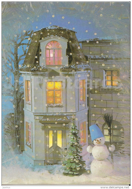New Year Greeting Card by N. Poklada - snowman - house - 1988 - Russia USSR - used - JH Postcards