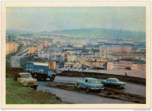 panorama of the city . truck GAZ - car Volga - Murmansk - 1966 - Russia USSR - unused - JH Postcards