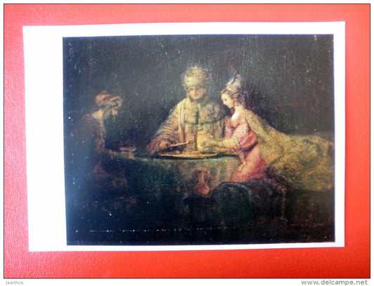 painting by Rembrandt . Ahasueras, Haman and Queen Esther - dutch art - unused - JH Postcards