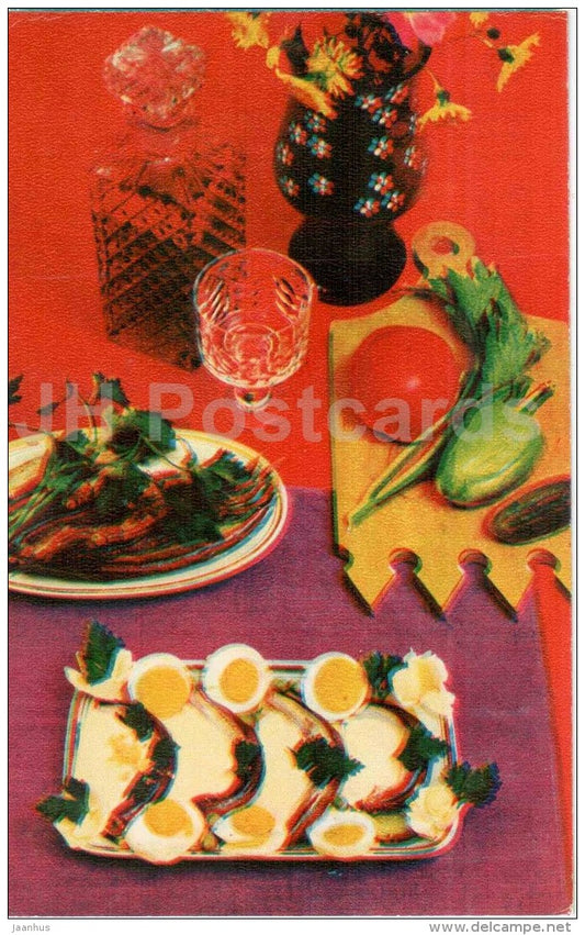 appetizer of spicy capelin - Ocean Gifts - dishes - cuisine - 1981 - Russia USSR - unused - JH Postcards