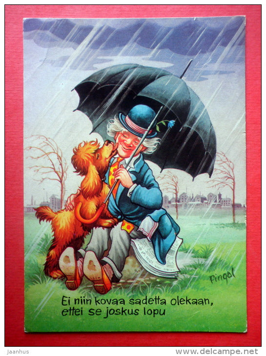 illustration by Pingal - man and dog - umbrella - house - 3743/4 - Finland - sent from Finland to Estonia USSR 1980 - JH Postcards