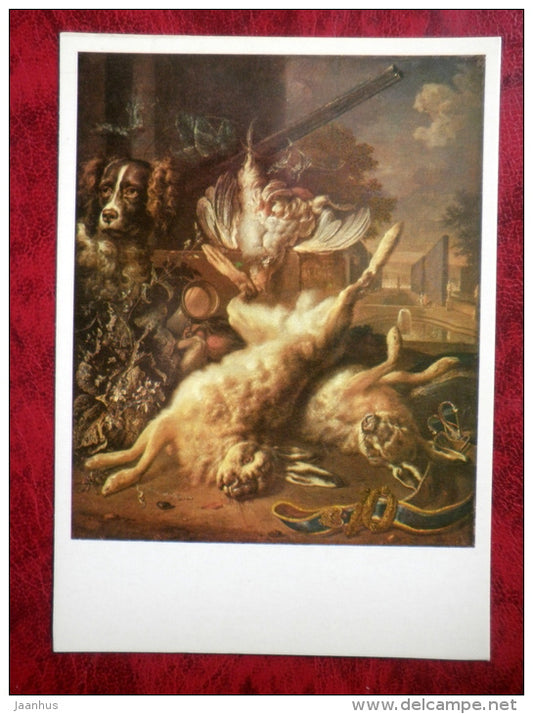 Painting by Jan Weenix - Still Life - Dead Game . 1657 - hare - dog - hunting rifle - dutch art - unused - JH Postcards