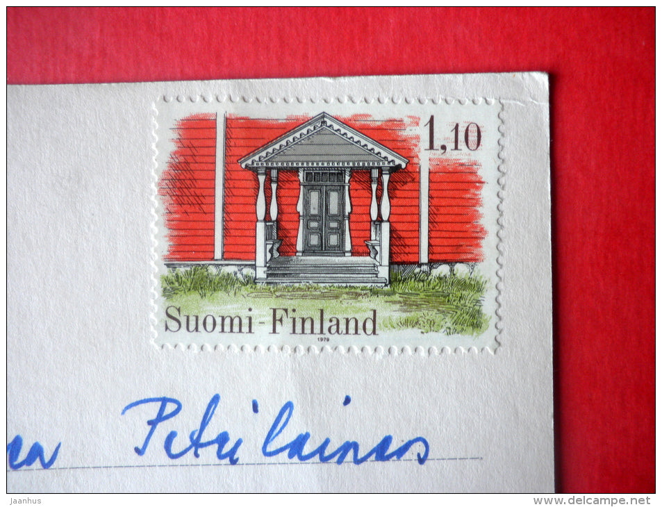 illustration by Pingal - man and dog - umbrella - house - 3743/4 - Finland - sent from Finland to Estonia USSR 1980 - JH Postcards