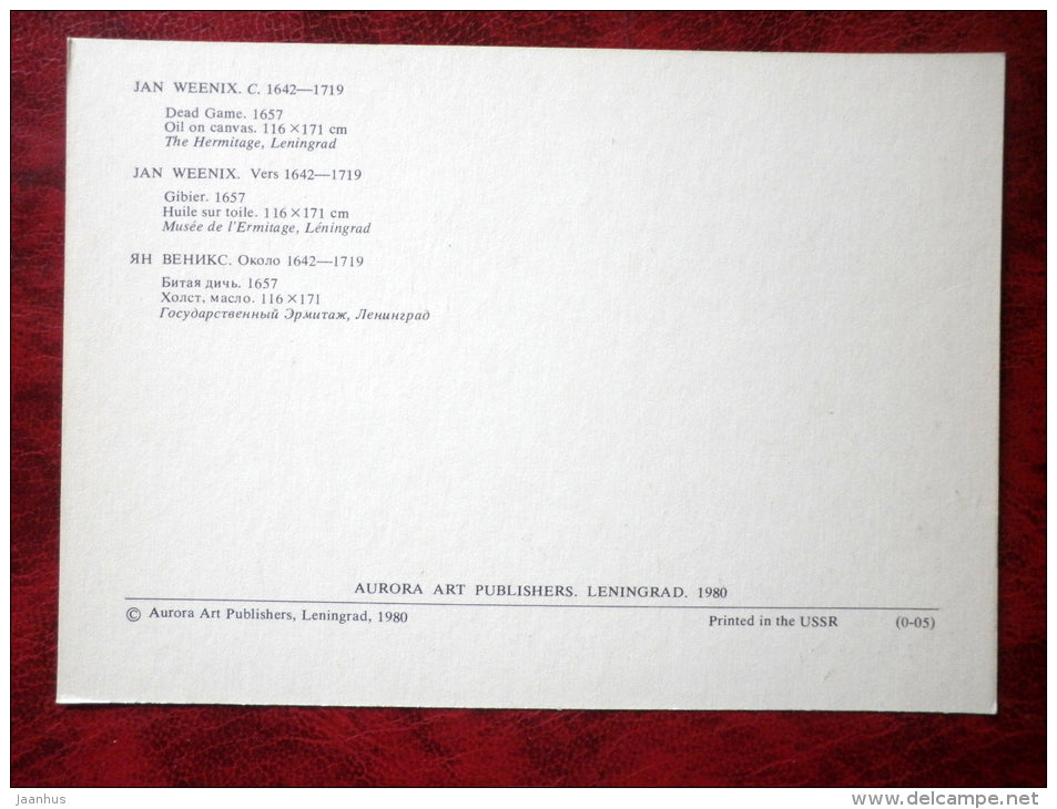 Painting by Jan Weenix - Still Life - Dead Game . 1657 - hare - dog - hunting rifle - dutch art - unused - JH Postcards