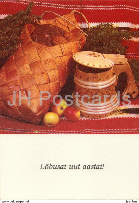New Year Greeting Card by T. Pikk - Beer Mug - Birch bark bag - apple - 1985 - Estonia USSR - unused - JH Postcards