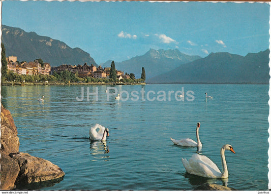 Montreux et le Dents-du-Midi - boat - swan - birds - 3438 - 1970 - Switzerland - used - JH Postcards