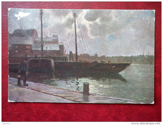 painting - harbour - ship - serie 280 - old postcard - Germany - used - JH Postcards