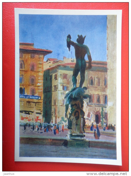 painting by Y. Podliaskiy . Florence . Perseus sculpture , 1963 - square - Italy - russian art - unused - JH Postcards