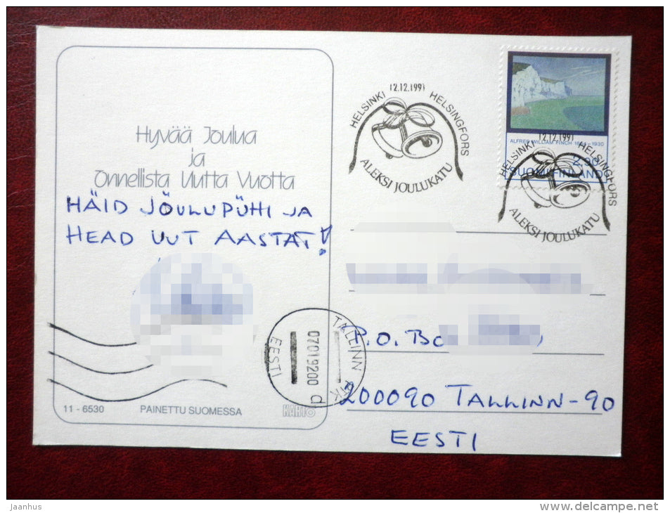 Christmas and New Year Greeting card - winter landscape - sent from Finland to Estonia in 1992 - used - JH Postcards