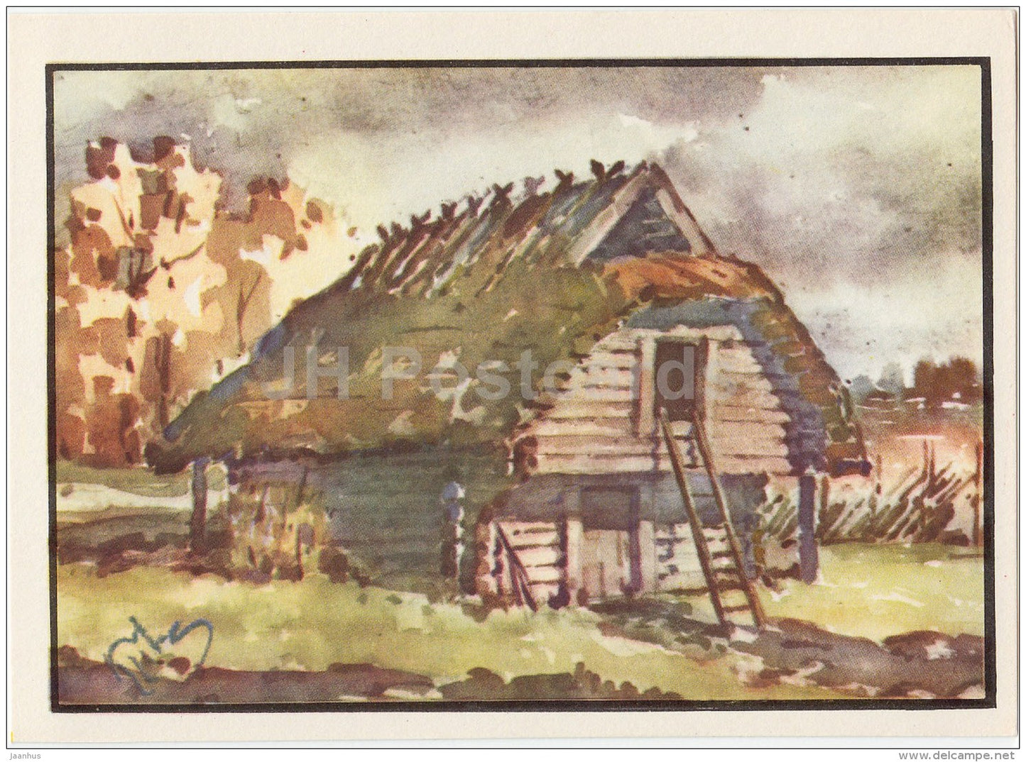 illustration by K. Tihase - Storehouse - Keila - Tuule - Estonian farm buildings - 1974 - Estonia USSR - unused - JH Postcards