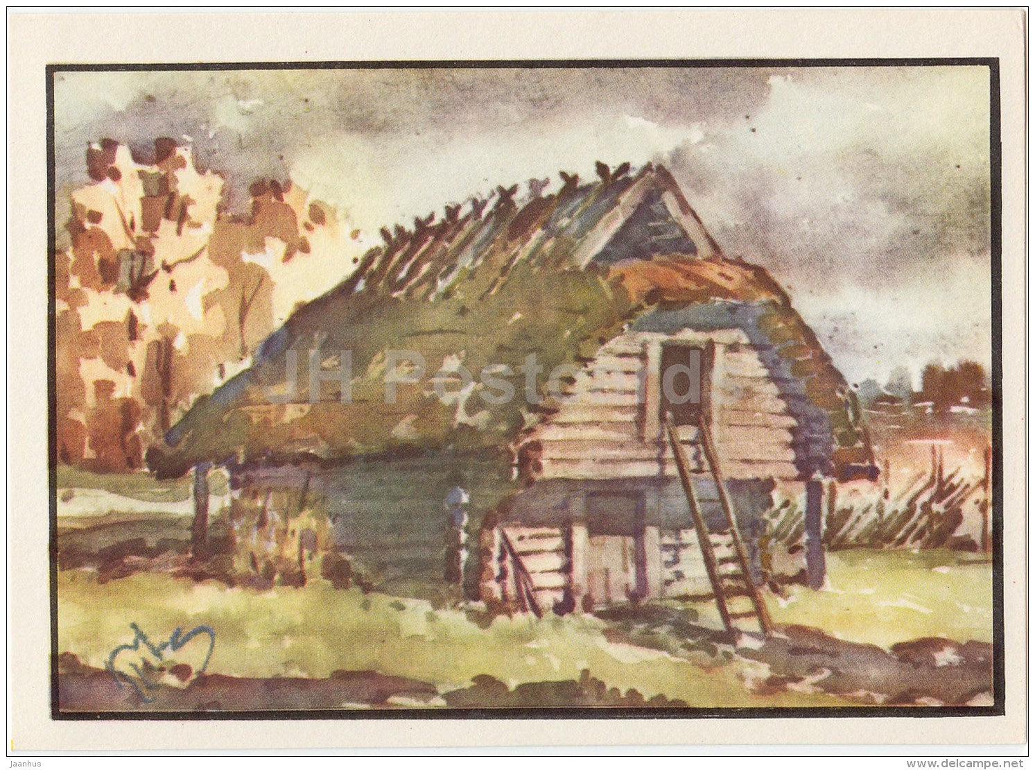 illustration by K. Tihase - Storehouse - Keila - Tuule - Estonian farm buildings - 1974 - Estonia USSR - unused - JH Postcards