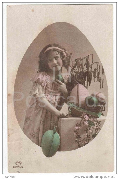 Easter Greeting Card - girl - eggs - EAS 05929/3 - circulated in Estonia Pärnu-Tallinn Mail Wagon 1926 - JH Postcards