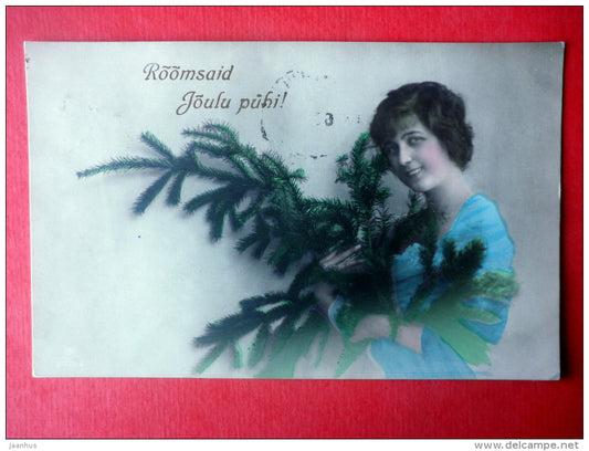 christmas greeting card - woman - circulated in Estonia Tallinn 1921 - JH Postcards