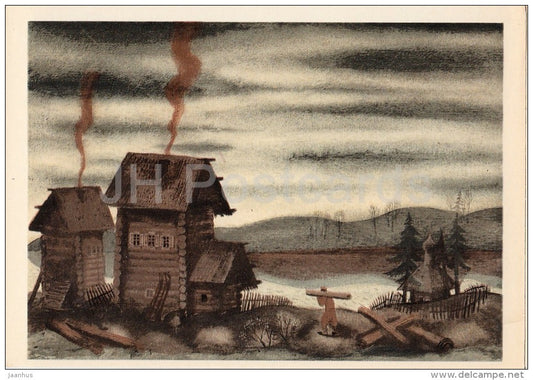 illustration by K. Sokolov - houses - In the Land of Unfrightened Birds by M. Prishvin - 1979 - Russia USSR - unused - JH Postcards