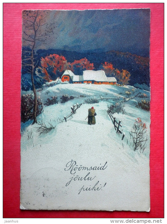 christmas greeting card - winter - farm house - road - HWB SER 2136 - circulated in Estonia Tallinn Mõisaküla 1924 - JH Postcards