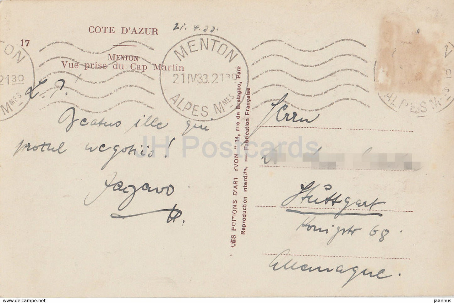 Menton - Vue prise du Cap Martin - 17 - alte Postkarte - 1933 - Frankreich - gebraucht