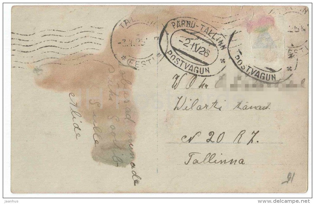 Easter Greeting Card - girl - eggs - EAS 05929/3 - circulated in Estonia Pärnu-Tallinn Mail Wagon 1926 - JH Postcards