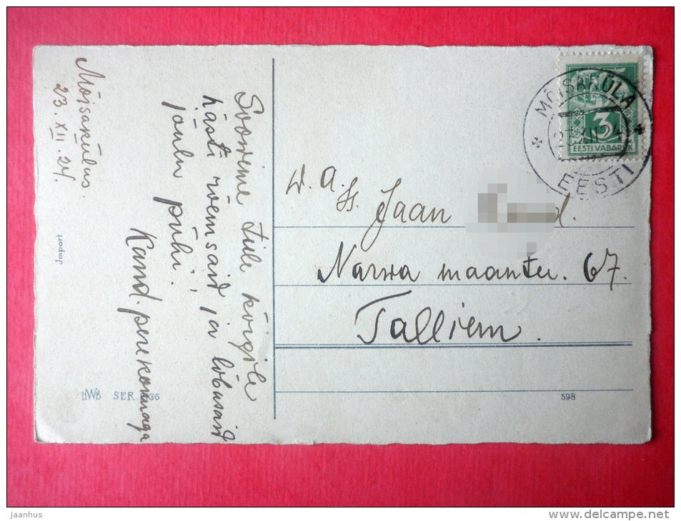 christmas greeting card - winter - farm house - road - HWB SER 2136 - circulated in Estonia Tallinn Mõisaküla 1924 - JH Postcards