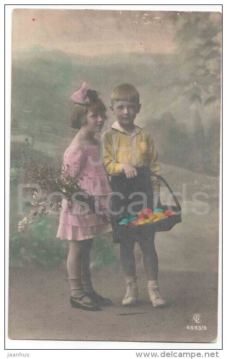 Easter Greeting Card - boy and girl - eggs - CL 6693/5 - circulated in Estonia Mail Wagon 1924 - JH Postcards