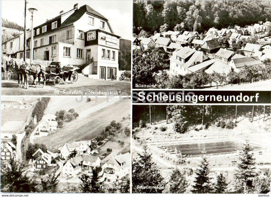 Schleusingerneundorf - HO Gaststatte Steinbergsblick - horse carriage - Schwimmbad - Germany DDR - used - JH Postcards