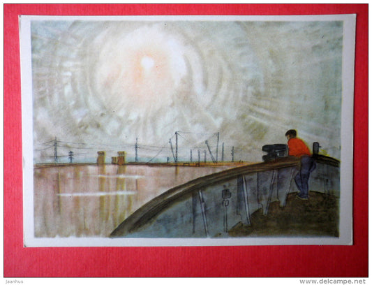 illustration by V. Vetrogonsky - 7th Sluice . Morning - Volga & Baltic Waterway - canal - 1966 - Russia USSR - unu - JH Postcards