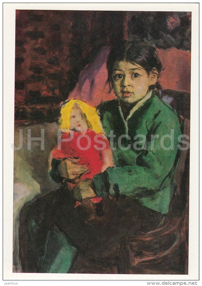 painting by A. Abdullaev - Portrait of Shakhla , 1959 - children - girl - doll - Uzbek art - 1988 - Russia USSR - unused - JH Postcards