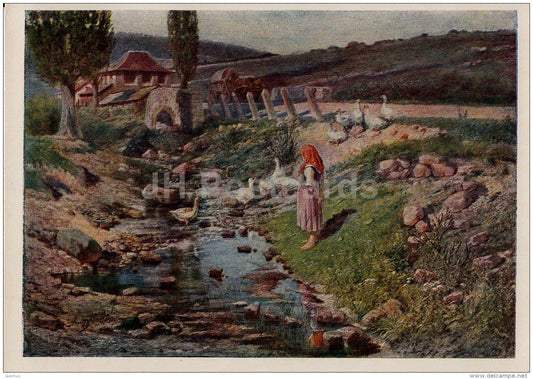 painting  by Andyal Wojtek - Landscape with a shepherdess of geese , 1890 - Czech art - 1955 - Russia USSR - unused - JH Postcards